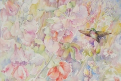 Jennifer Koury's Hummingbird and Hollyhock Dance, 22" X 21", $975
