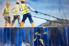 "Off Loading Fish" by Sandra Bemisderfer, $300